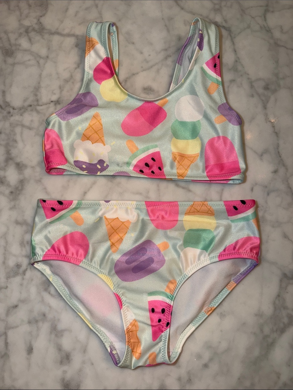 H&M Mint Kids Bikini with Pink, Purple, Yellow & Green Treat Print 5/6T